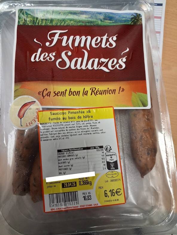 Saucisse fumee pimente x6 fds Fumets des Salazes : photo du produit rappelé le 27/03/2026