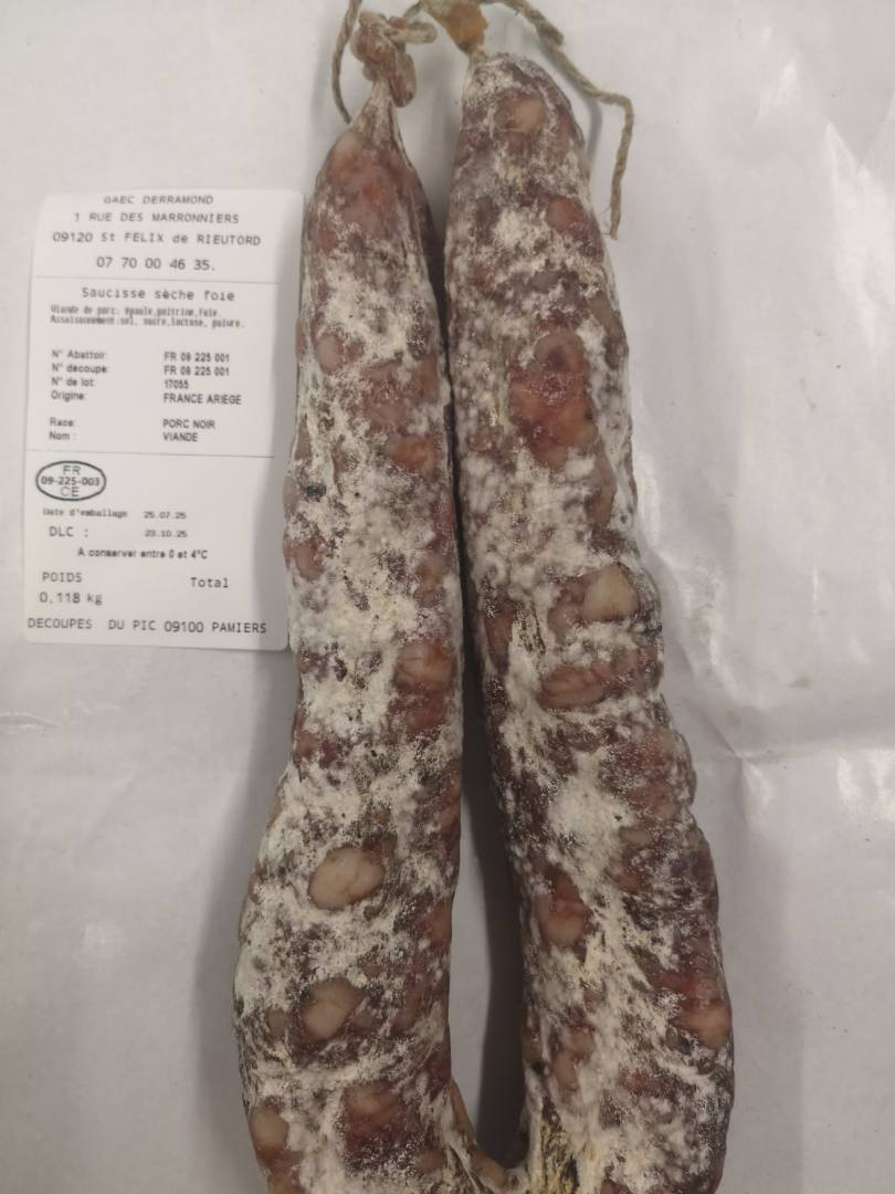 Saucisse perche, saucisson sec, saucisse de foie, chorizo Gaec Derramond : photo 2 sur 3 du produit rappelé le 25/07/2025