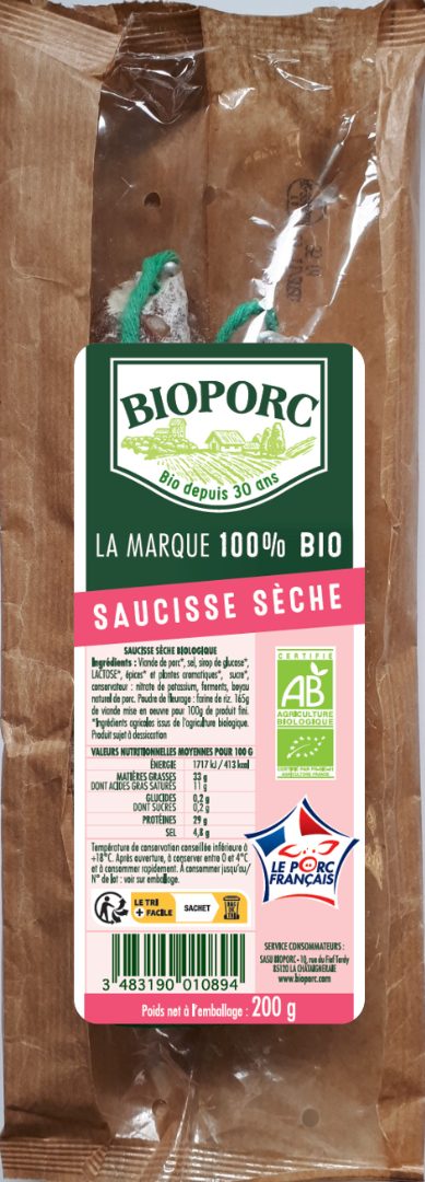 Saucisse sèche Bioporc : photo du produit rappelé le 24/03/2023