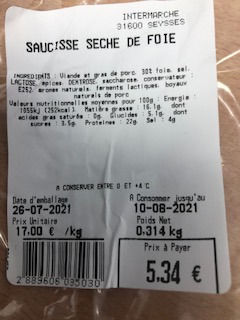 Saucisse seche de foie Intermarché Seysses : photo 2 sur 2 du produit rappelé le 29/07/2021