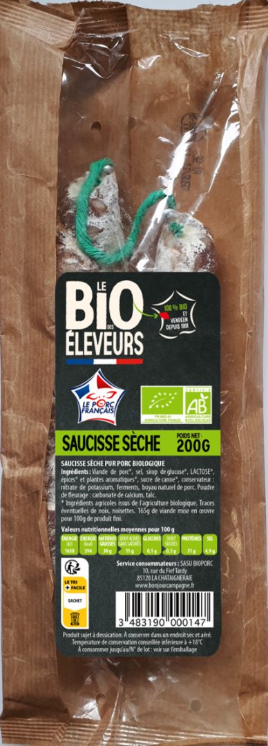 Saucisse sèche Le BIO des Eleveurs : photo du produit rappelé le 24/03/2023