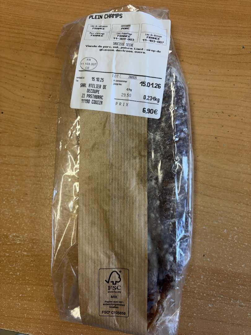 Saucisse seche Plein Champs : photo du produit rappelé le 21/10/2025