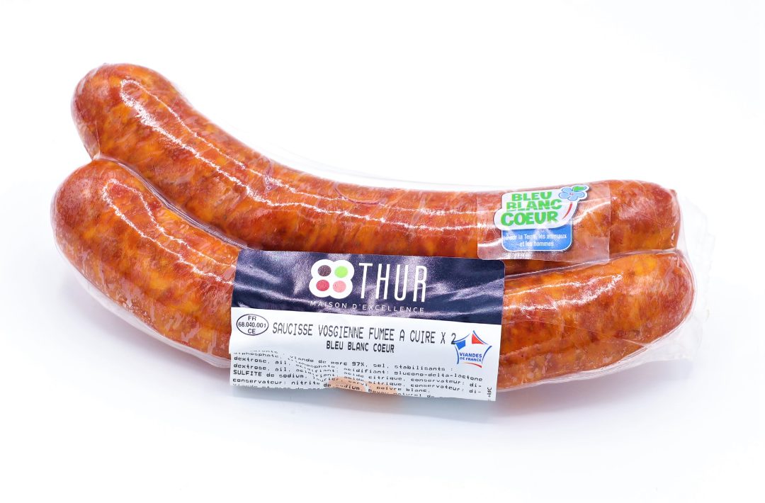 Saucisse vosgienne fumée bleu blanc coeur Charcuterie de la Thur : photo du produit rappelé le 15/11/2021