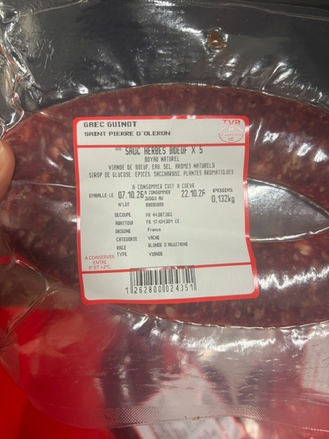 Saucisses de boeuf x 5 Gaec Guinot : photo du produit rappelé le 19/10/2026