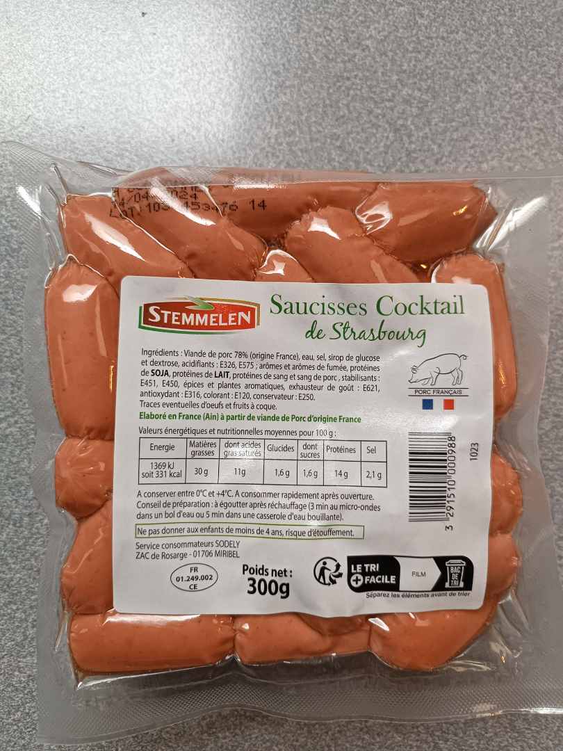 Saucisses de cocktail de strasbourg Stemmelen : photo du produit rappelé le 11/03/2024