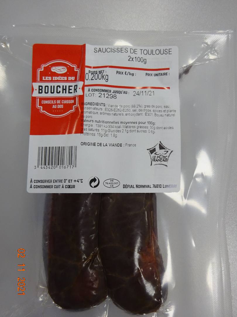 Saucisses de toulouse 2x100g Les Idees du Boucher : photo du produit rappelé le 02/11/2021