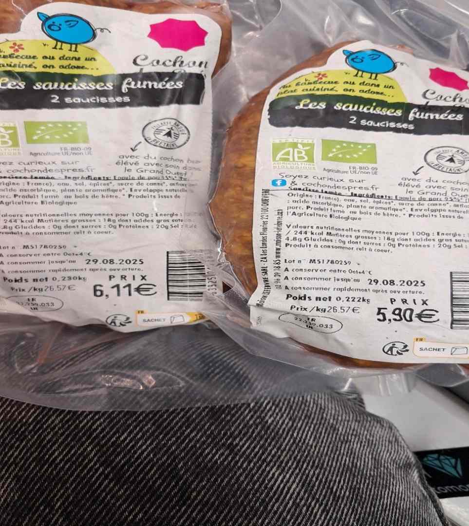 Saucisses fumees bio x2 Cochon des Pres : photo du produit rappelé le 21/07/2025