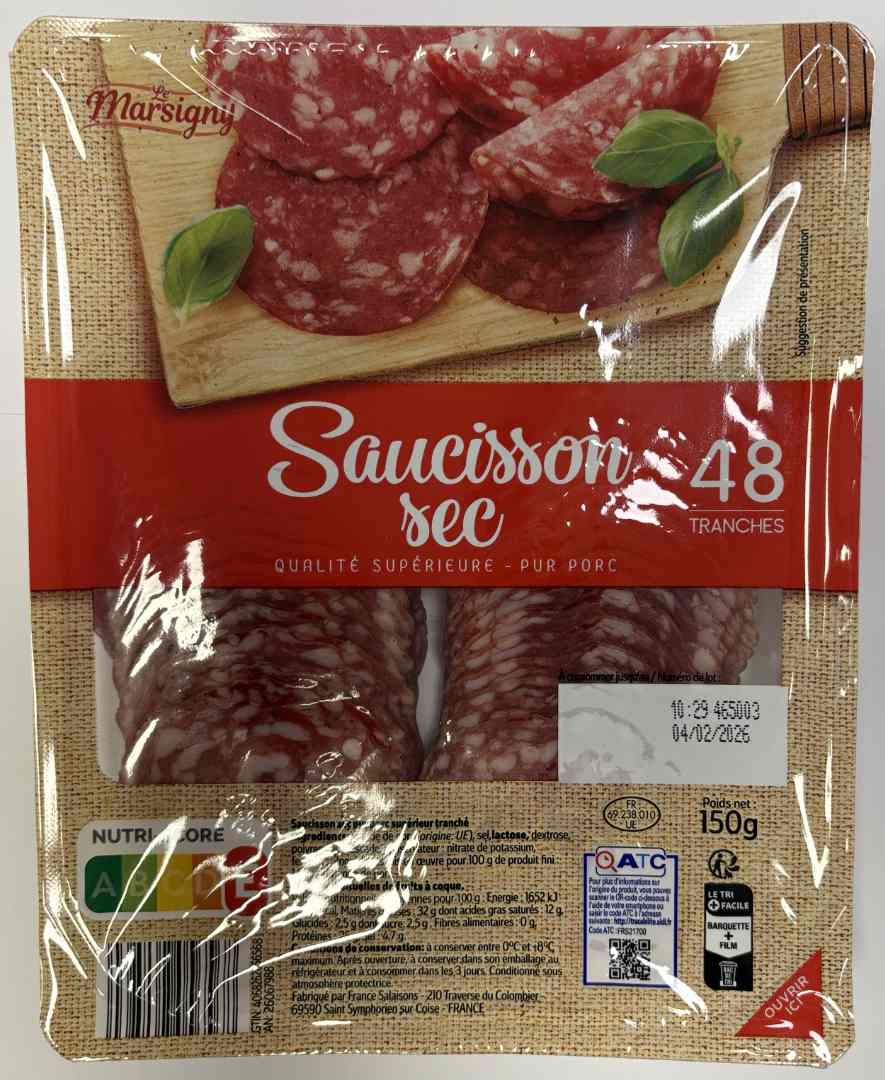 Saucisson sec 48 tranches 150g Le Marsigny® : photo du produit rappelé le 21/11/2025