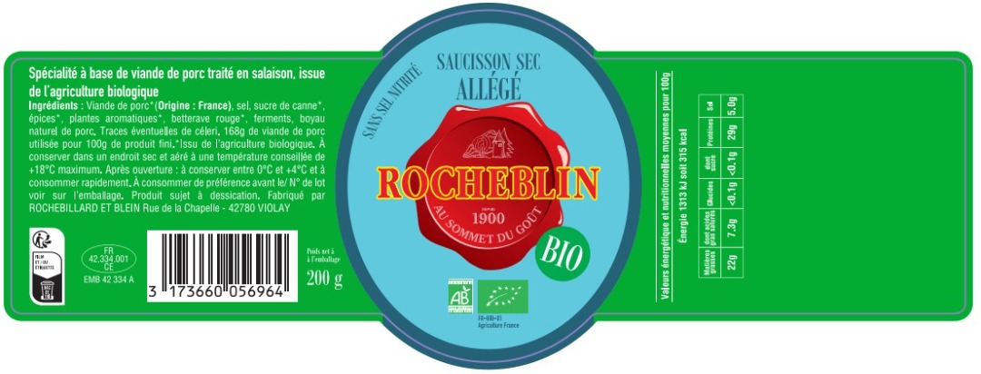 Saucisson sec allege rocheblin bio 200g clean label : photo du produit rappelé le 23/03/2023