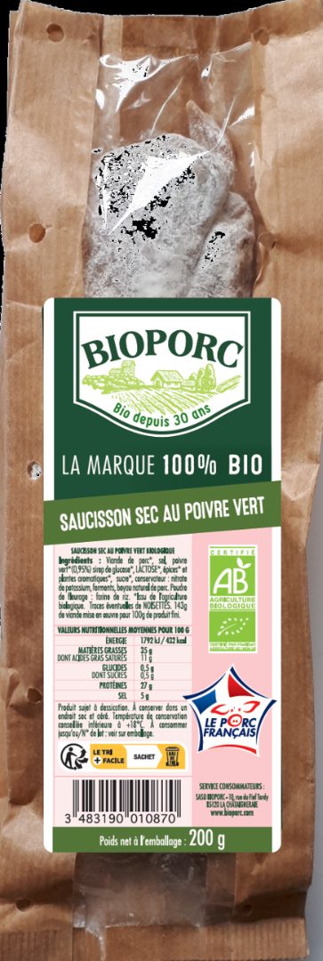 Saucisson sec au poivre vert Bioporc : photo du produit rappelé le 24/03/2023