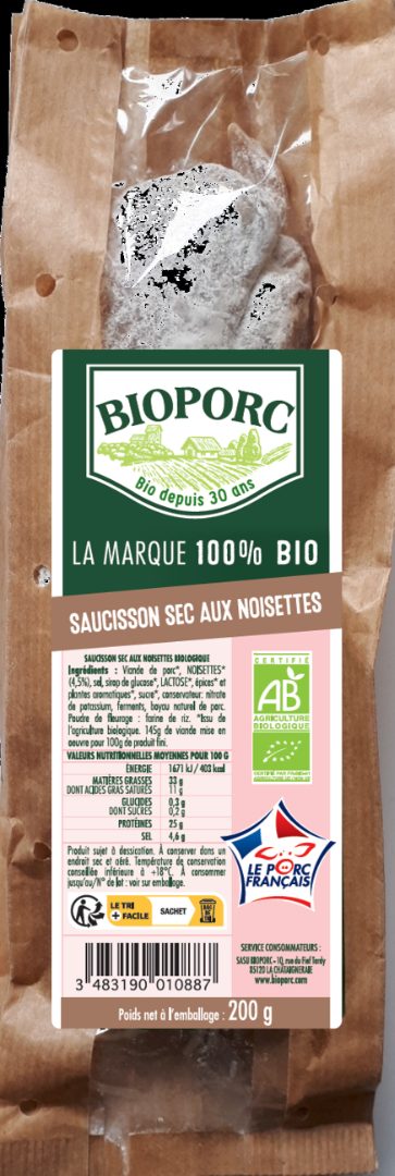 Saucisson sec aux noisettes Bioporc : photo du produit rappelé le 24/03/2023