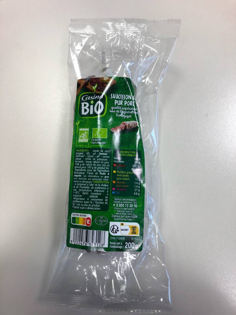 Saucisson sec bio Casino : photo du produit rappelé le 10/01/2023