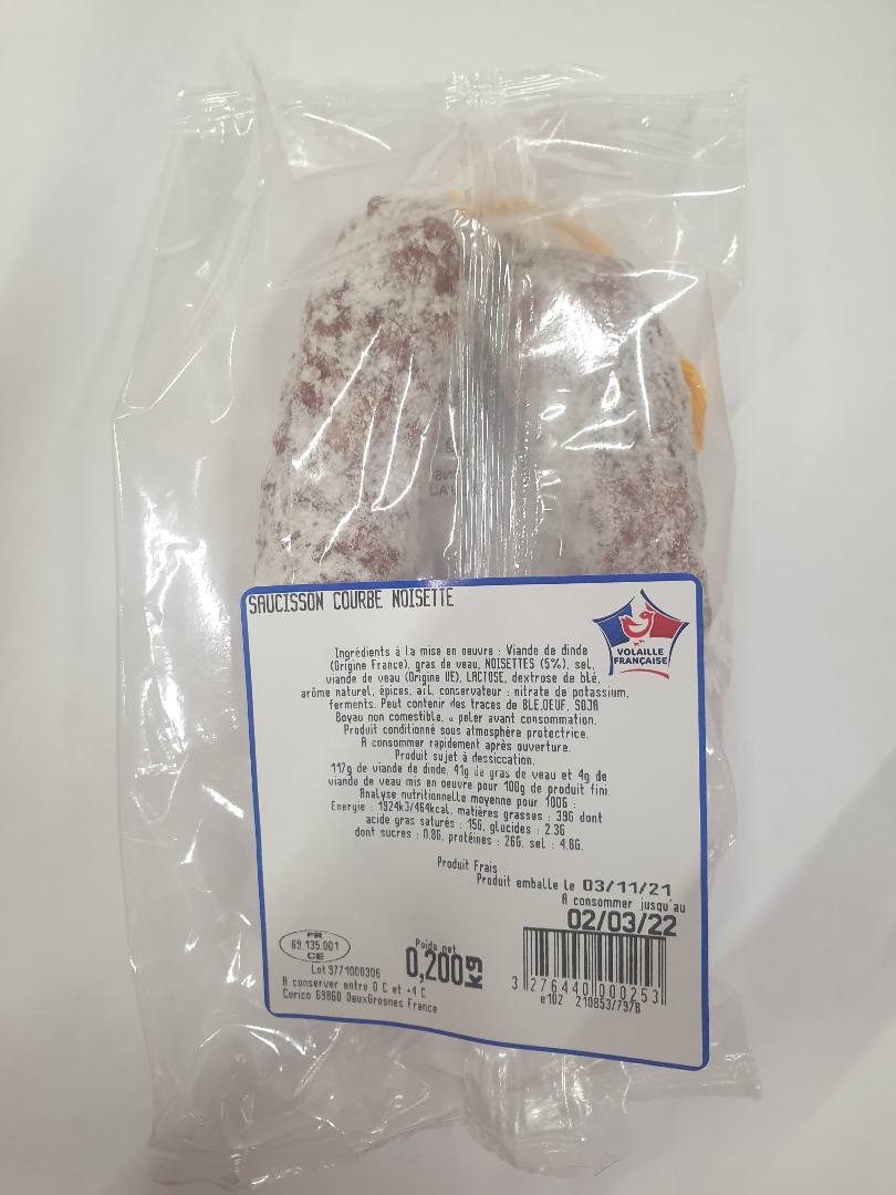 Saucisson sec courbe dinde et veau aux noisettes : photo du produit rappelé le 04/11/2021