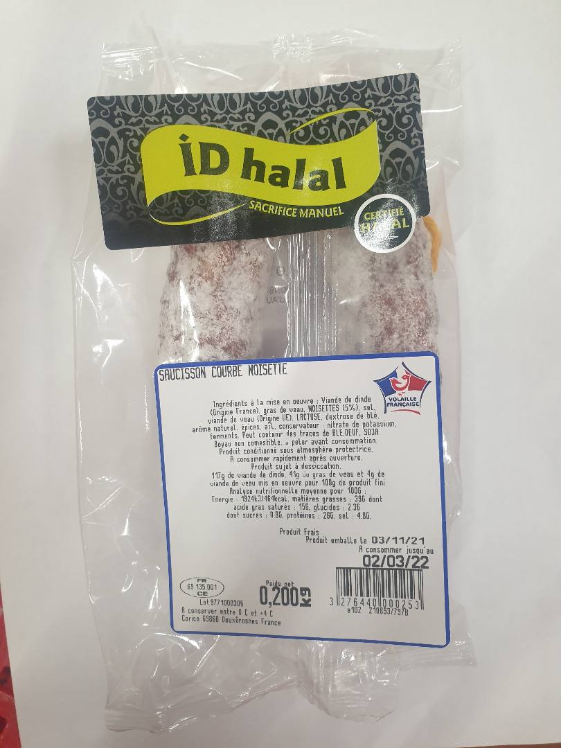 Saucisson sec courbe dinde et veau aux noisettes Id Halal : photo du produit rappelé le 04/11/2021