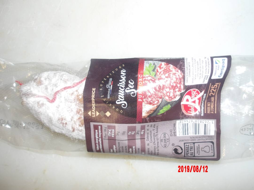 Saucisson sec label rouge 225g leader price : photo du produit rappelé le 06/12/2021