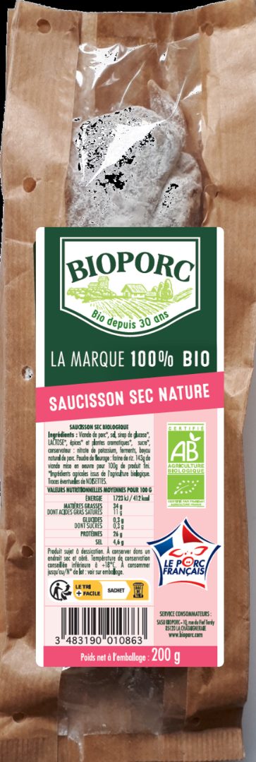 Saucisson sec nature Bioporc : photo du produit rappelé le 24/03/2023