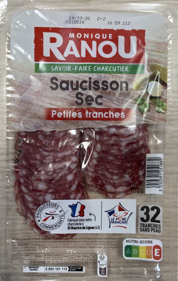 Saucisson sec petites tranches – 32 tranches Monique Ranou : photo du produit rappelé le 08/09/2026
