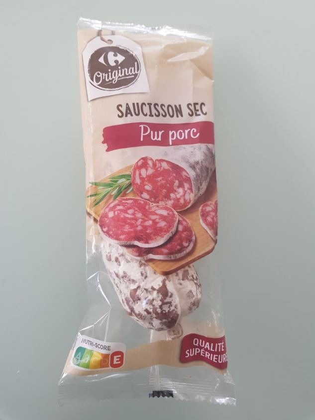 Saucisson sec pur porc Carrefour Original : photo du produit rappelé le 26/09/2023