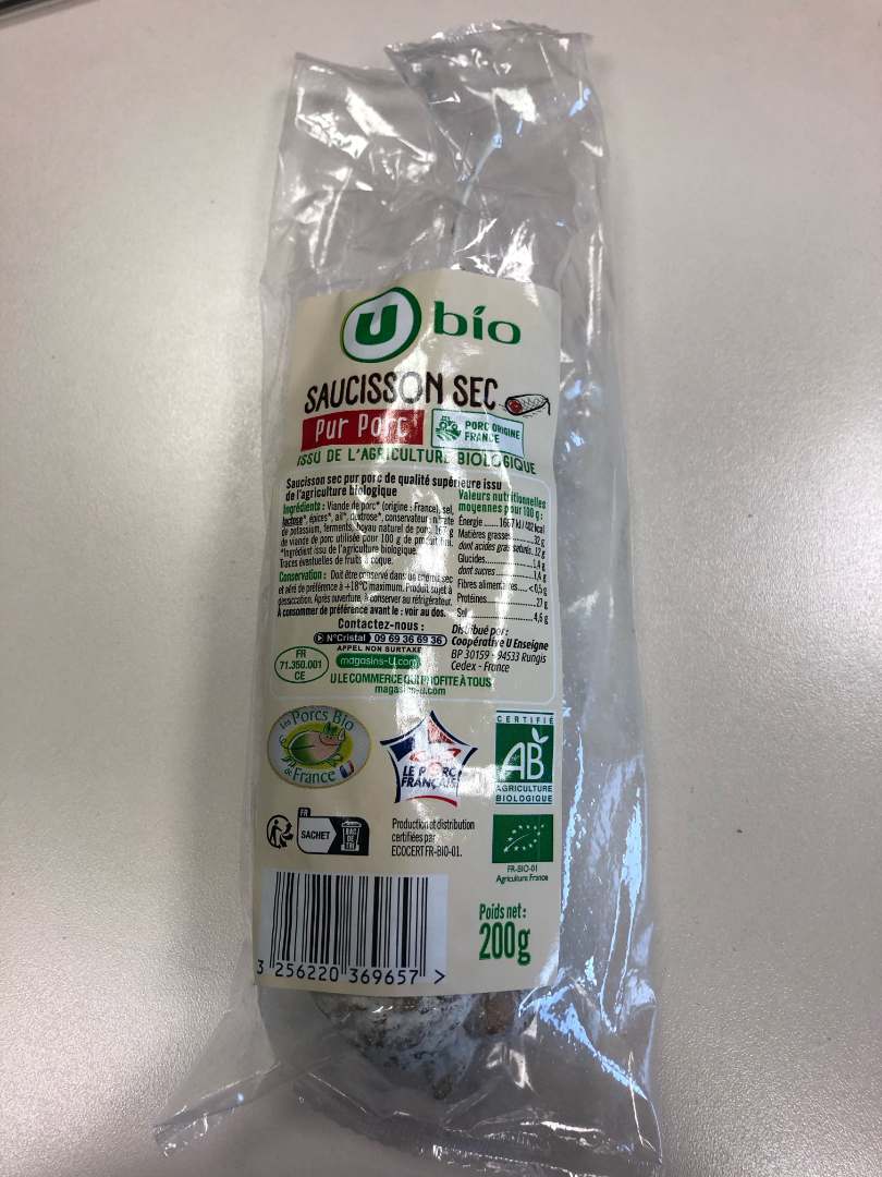 Saucisson sec pur porc u bio 200 g : photo du produit rappelé le 10/01/2023