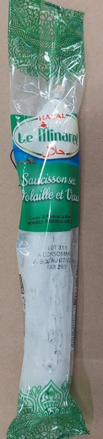 Saucisson sec - volaille et veau - le minaret : photo du produit rappelé le 21/11/2025
