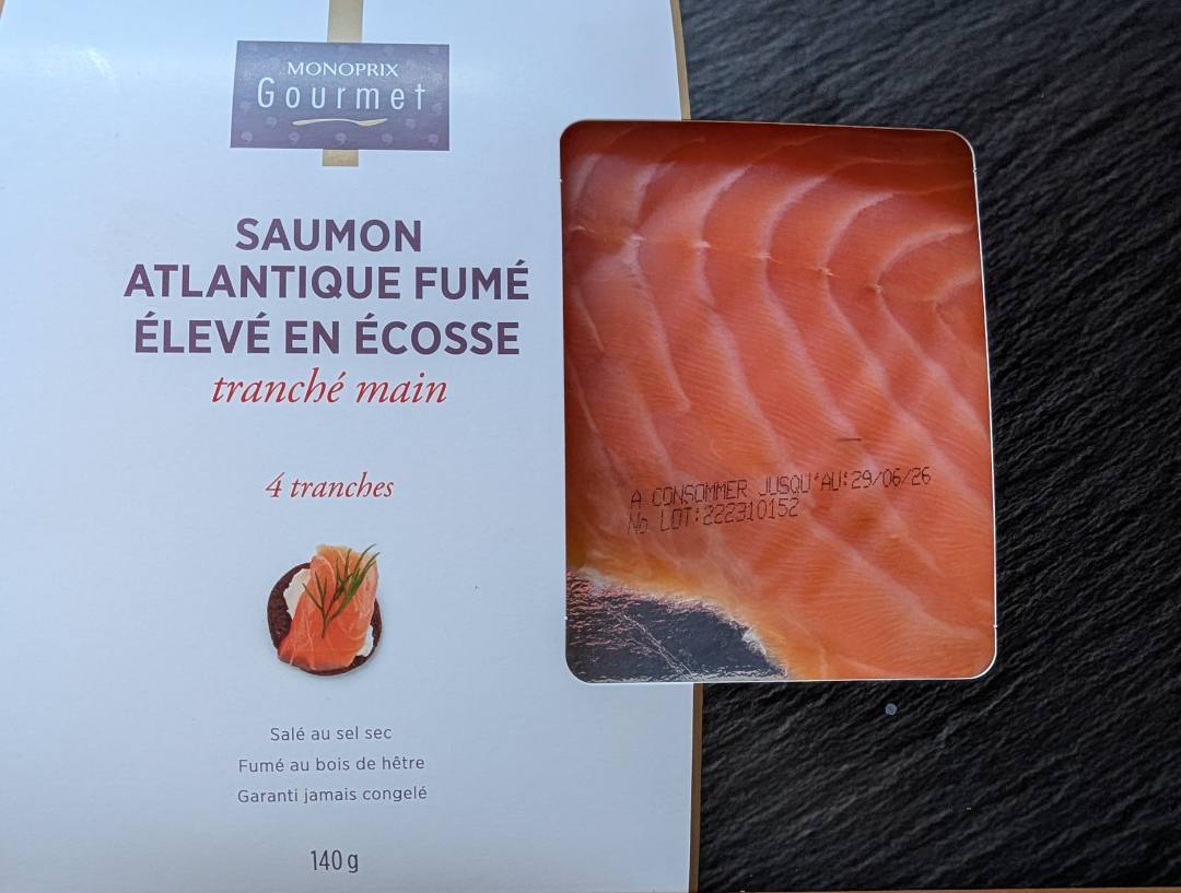 Saumon atlantique fumé élevé en ecosse 4 tranches 140g Monoprix gourmet : photo du produit rappelé le 22/06/2026