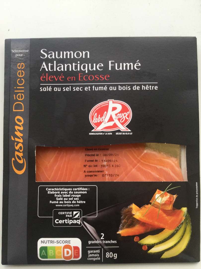 Saumon atlantique fumé, élevé en ecosse, label rouge Casino Délices : photo du produit rappelé le 08/10/2024