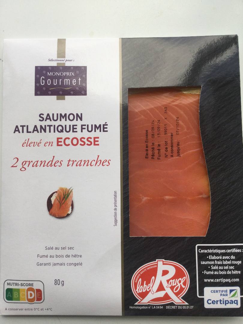 Saumon atlantique fumé, élevé en ecosse, label rouge Monoprix gourmet : photo du produit rappelé le 08/10/2024