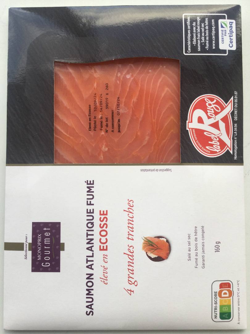 Saumon atlantique fumé, élevé en ecosse, label rouge Monoprix gourmet : photo 2 sur 2 du produit rappelé le 08/10/2024