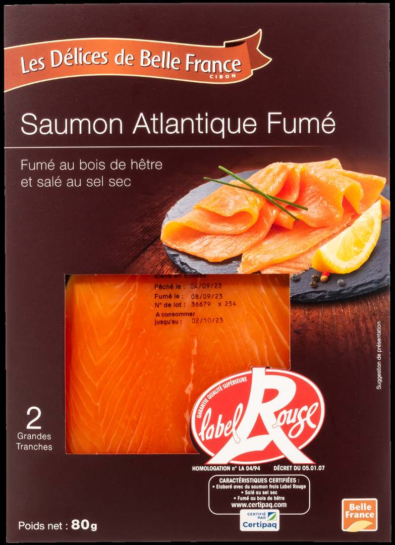 Saumon fume atlantique label rouge 2 tranches Les Delices de Belle France : photo du produit rappelé le 30/09/2024