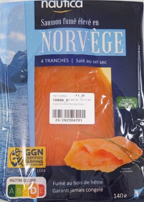 Saumon fumé élevé en norvège 4 tranches – 140g + saumon fumé élevé Nautica : photo du produit rappelé le 27/11/2024