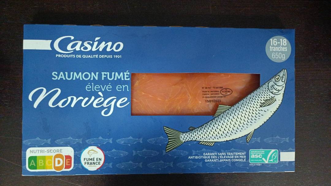Saumon fumé élevé en norvège 650g Casino : photo du produit rappelé le 05/01/2023