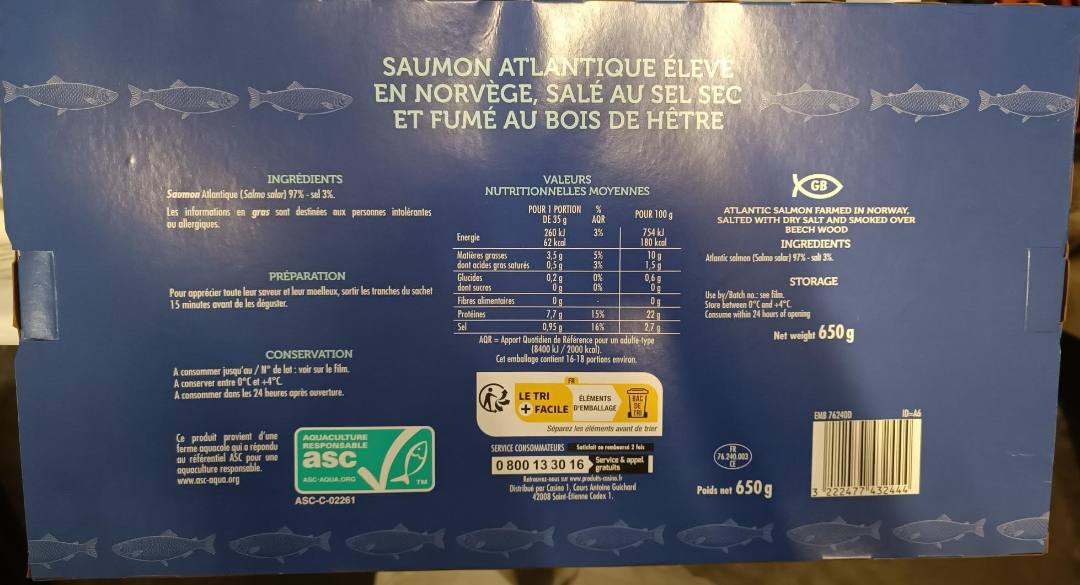 Saumon fumé élevé en norvège 650g Casino : photo 2 sur 2 du produit rappelé le 05/01/2023