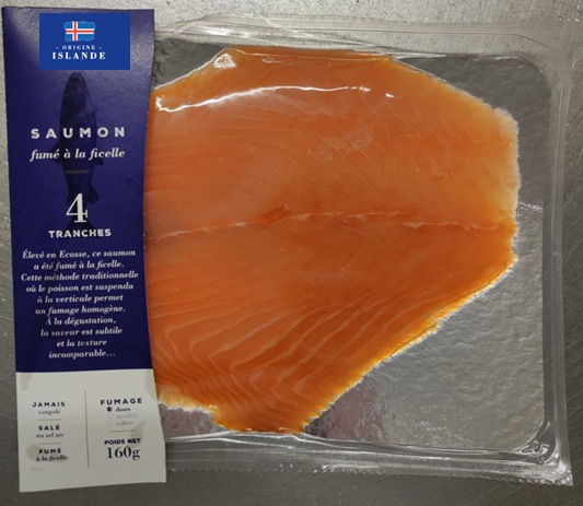 Saumon fumé ficelle 4 tranches 160g Grand Frais / Fresh / Mon-Marché.FR : photo du produit rappelé le 11/08/2025