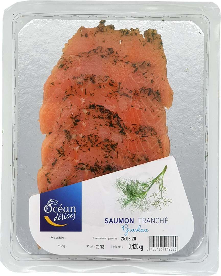 Saumon tranche gravlax 120 g , conditionné en barquette Ocean Delices : photo du produit rappelé le 02/09/2021