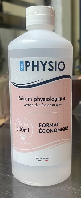 Sérum physiologique 500 ml mediphysio : photo du produit rappelé le 12/05/2025