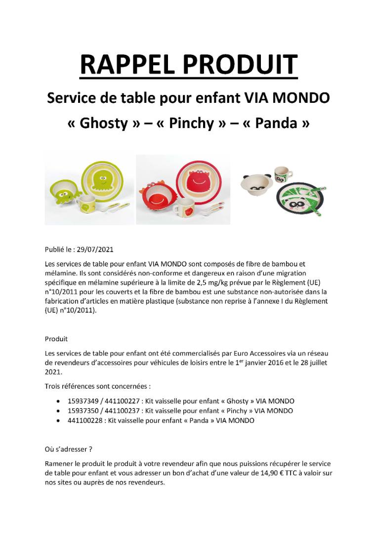 Service de table pour enfant Via Mondo : photo du produit rappelé le 30/07/2021