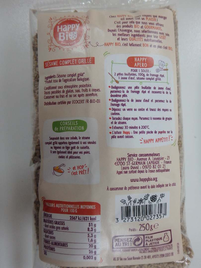 Sésame complet grillé Happy BIO : photo 2 sur 2 du produit rappelé le 07/04/2021
