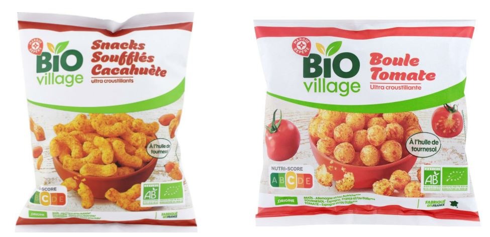 Snacks souffles cacahuete 75g et boule tomate 42g BIO Village : photo du produit rappelé le 09/11/2023