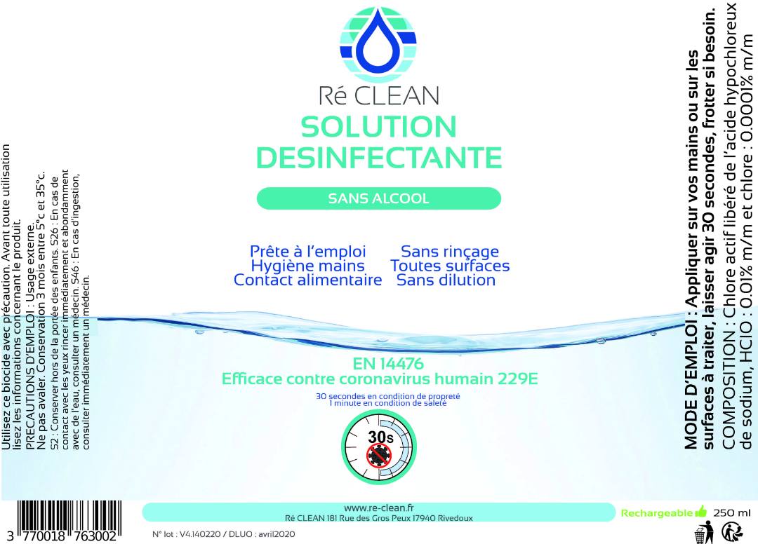 Solution désinfectante ré clean : photo du produit rappelé le 23/05/2022