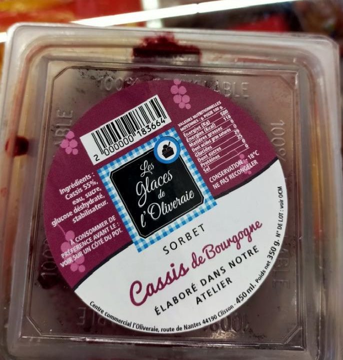 Sorbet cassis de bourgogne Les Glaces de l'Oliveraie : photo du produit rappelé le 23/07/2021
