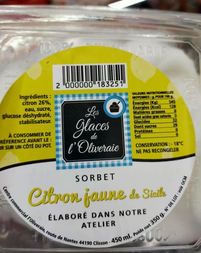 Sorbet citron jaune de sicile Les Glaces de l'Oliveraie : photo du produit rappelé le 23/07/2021