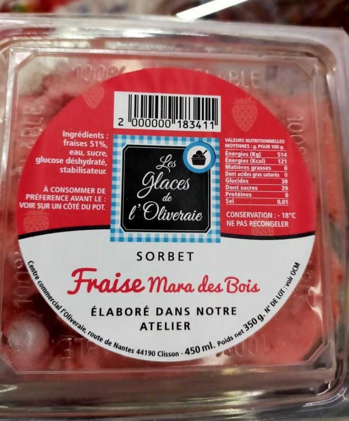 Sorbet fraise mara des bois Les Glaces de l'Oliveraie : photo du produit rappelé le 23/07/2021