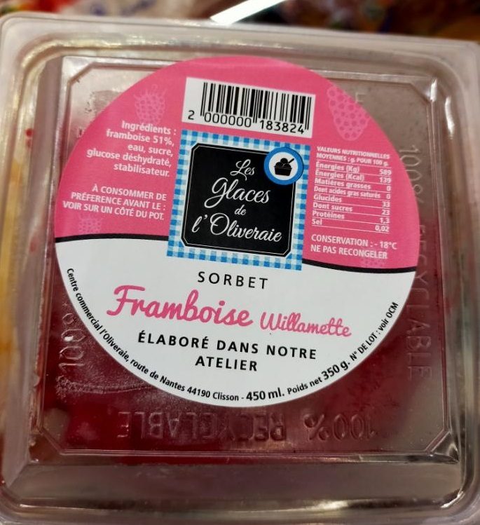 Sorbet framboise willamette Les Glaces de l'Oliveraie : photo du produit rappelé le 23/07/2021