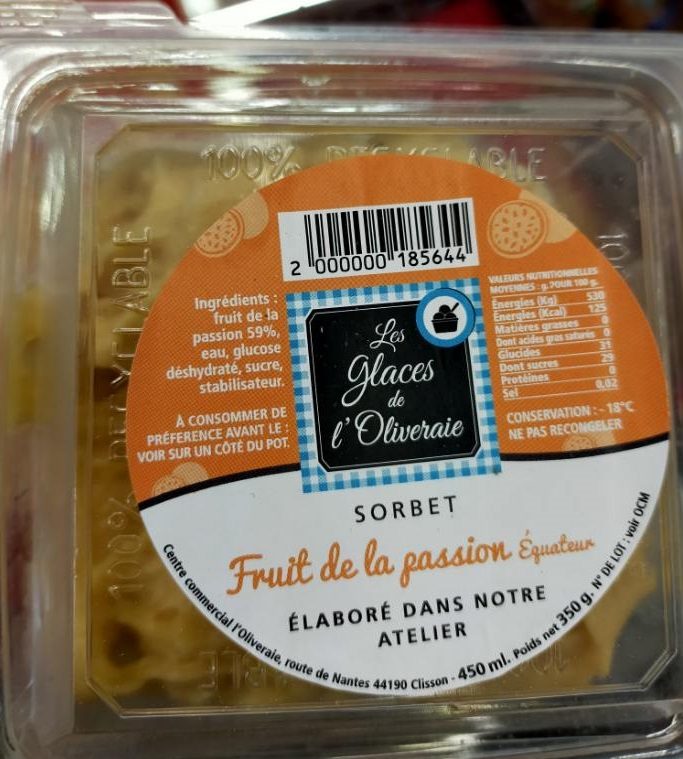Sorbet fruit de la passion equateur Les Glaces de l'Oliveraie : photo du produit rappelé le 23/07/2021