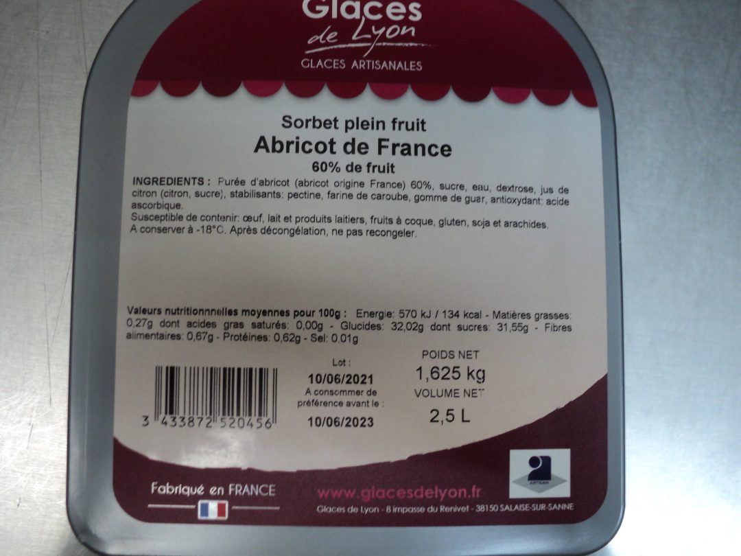 Sorbet plein fruit abricot 2,5l / 1,625 kg Glaces de Lyon : photo du produit rappelé le 10/06/2021