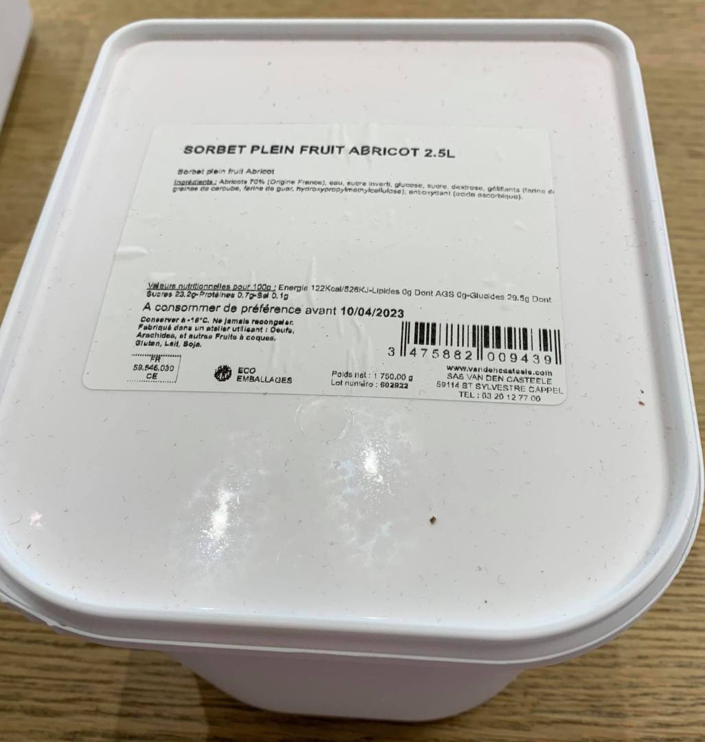 Sorbet plein fruit abricot 2.5l Van Den Casteele : photo du produit rappelé le 29/07/2021