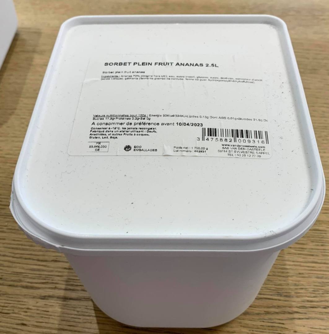 Sorbet plein fruit ananas 2.5l Van Den Casteele : photo du produit rappelé le 29/07/2021