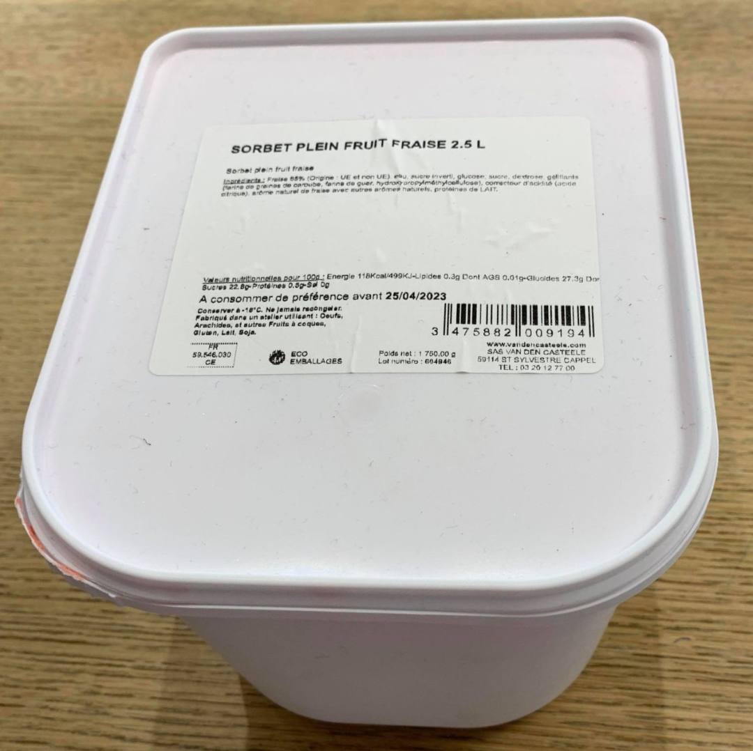Sorbet plein fruit fraise 2.5l Van Den Casteele : photo du produit rappelé le 29/07/2021