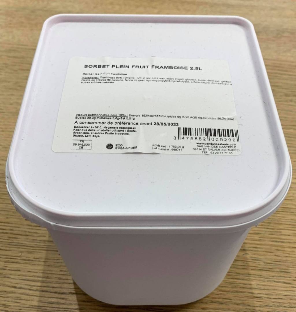 Sorbet plein fruit framboise 2.5l Van Den Casteele : photo du produit rappelé le 29/07/2021