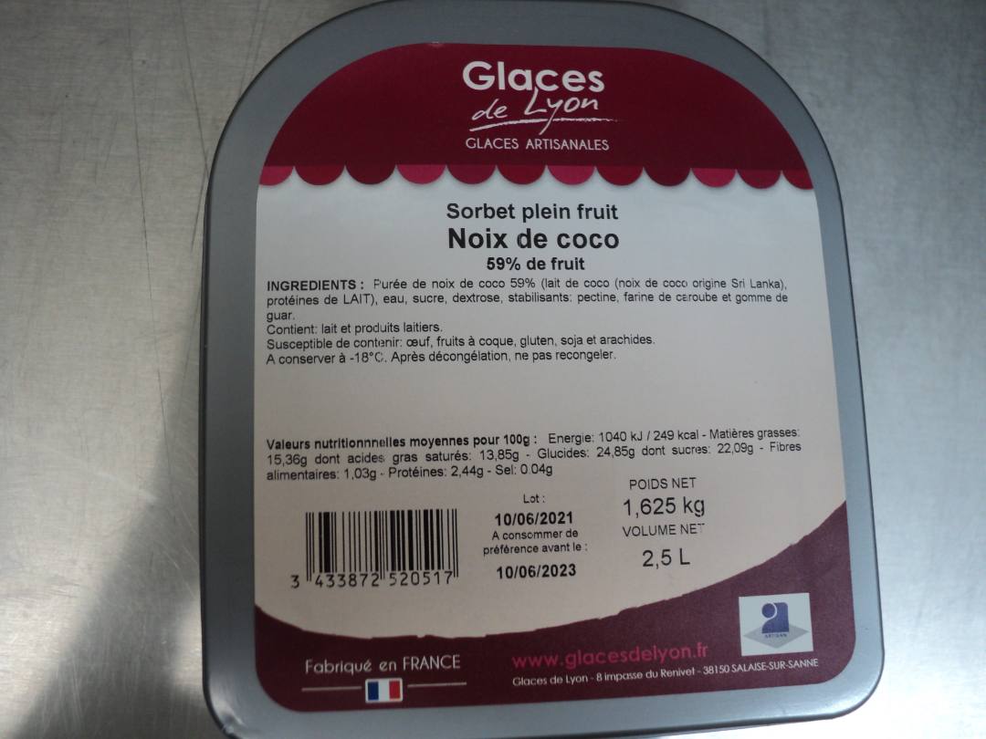 Sorbet plein fruit noix de coco 2,5l / 1,625 kg Glaces de Lyon : photo du produit rappelé le 10/06/2021